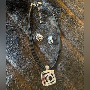 Geometric Pendant, Silver Tone Finish, w/ Matching Earrings